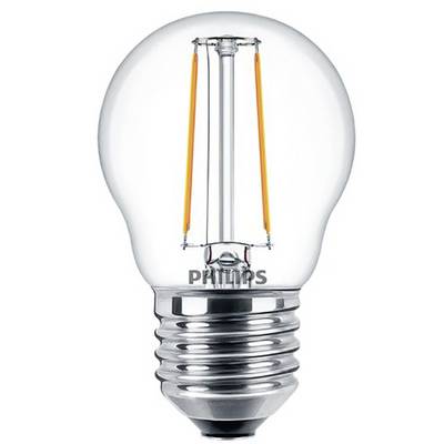 LED žarnica s prozorno stekleno ovojnico in vidnim nitjem. Blagovna znamka 'Philips' na kovinski osnovi. Energetsko varčna.