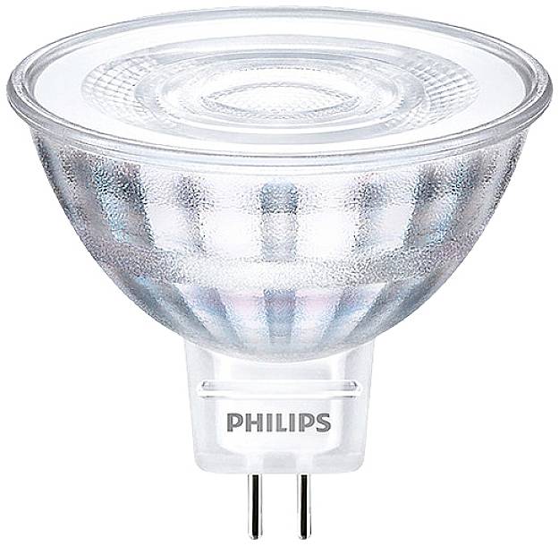 LED-reflektorska žarnica Philips s prozornim ohišjem, z vtičnico GU5.3, primerna za usmerjeno razsvetljavo v notranjih prostorih.