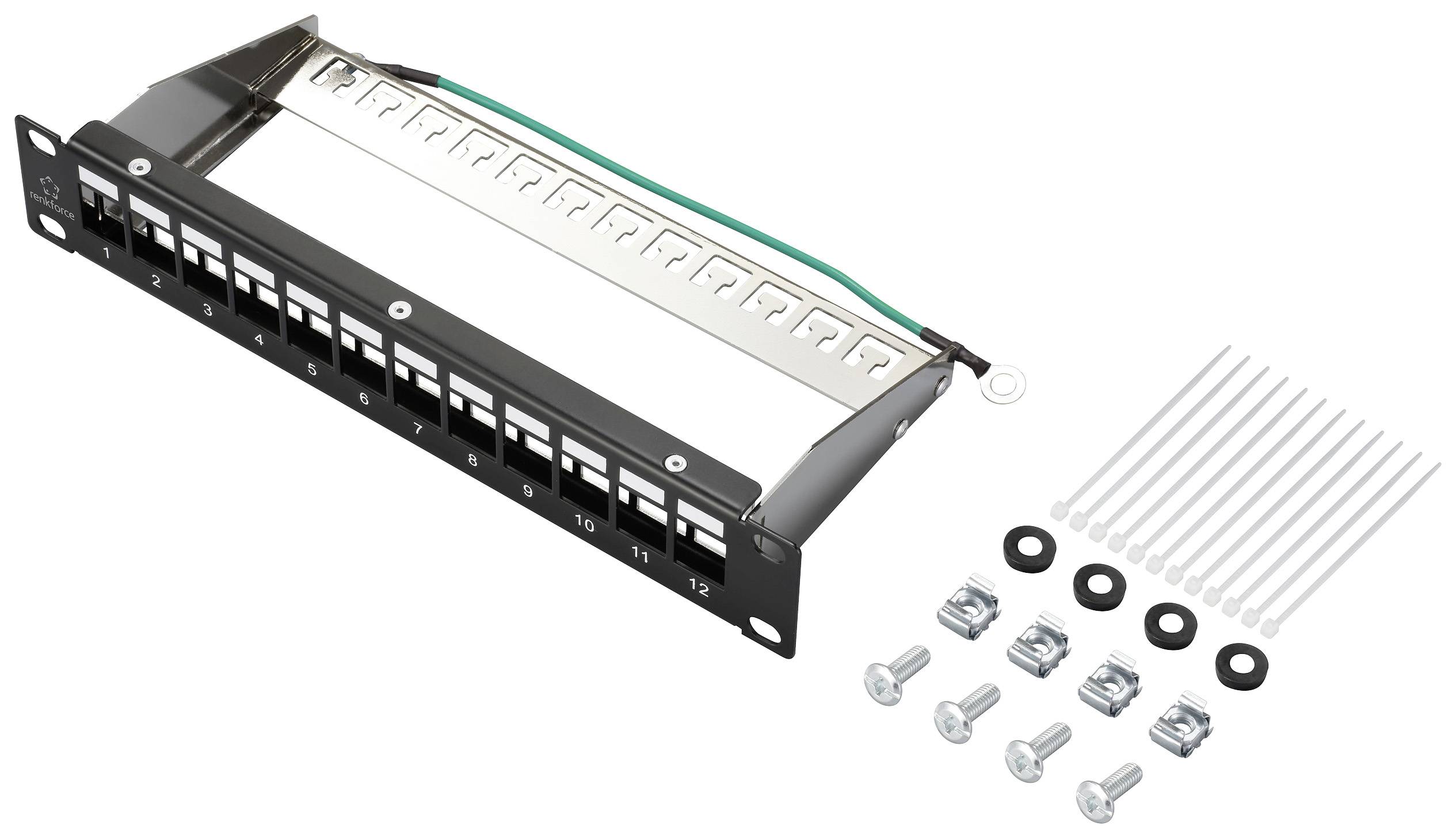 Patch plošča s 12 vrati, kabelske vezice, vijaki in podložke za namestitev v strežniško omaro.