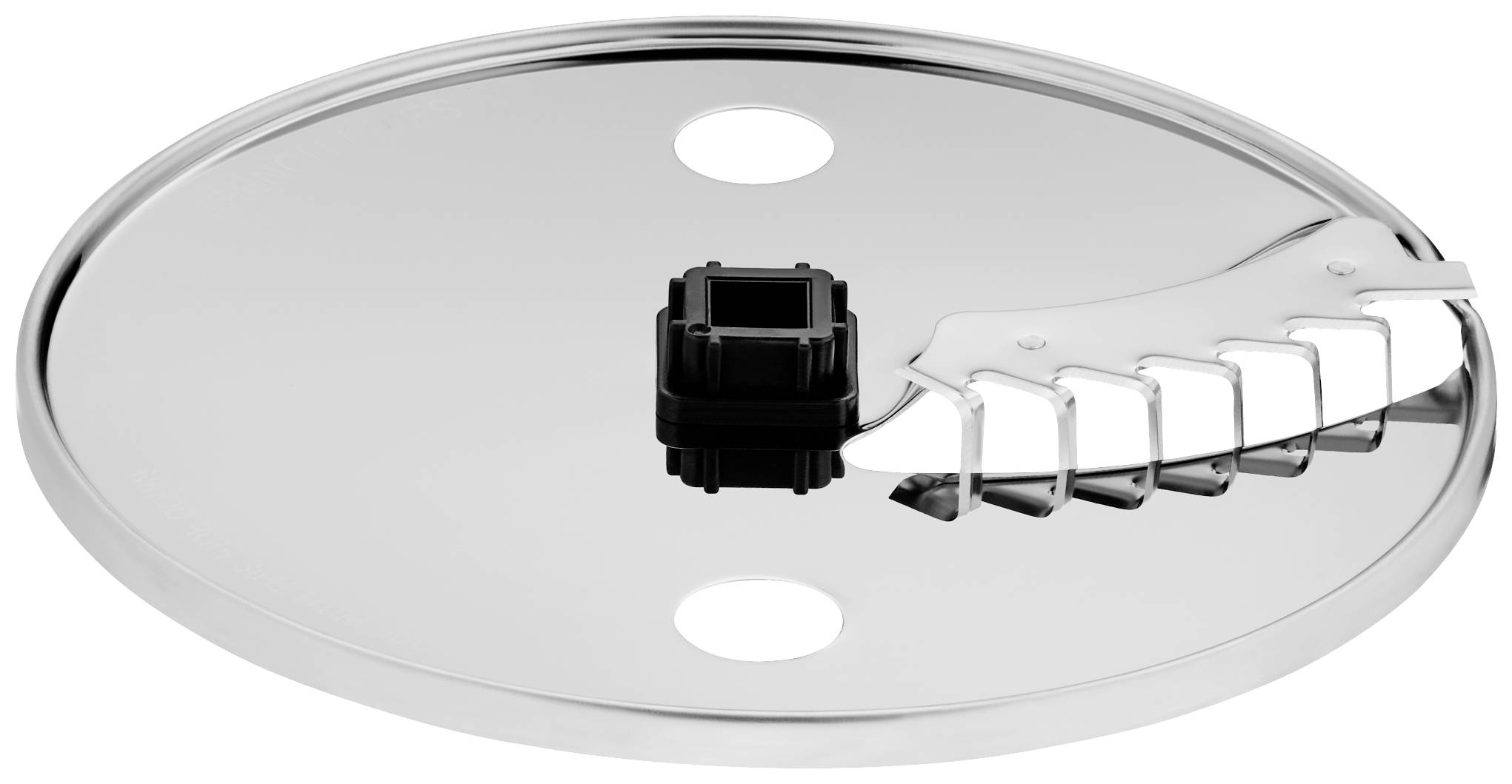 Kovinska plošča s kvadratnim nastavkom na sredini in kovinskim zobcem ob strani, verjetno del kuhinjske naprave.