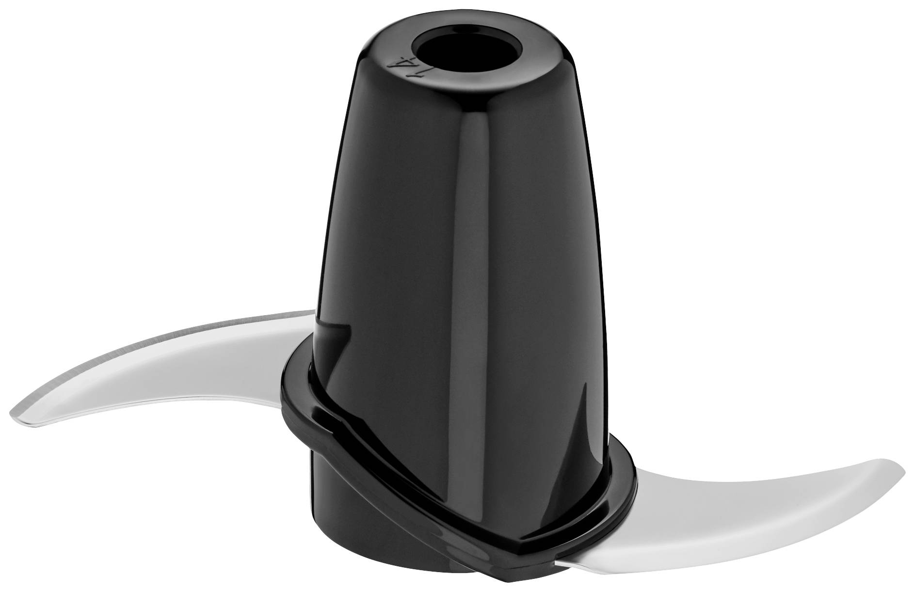 Črn plastičen list drobilnika z dvema ukrivljenima, ostrimima kovinskima reziloma, verjetno dodatna oprema za kuhinjski robot.