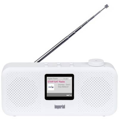 Belo prenosno digitalno radio z izmed teleskopsko anteno, zaslon prikazuje 'STAR*SAT Radio – Journey – Don't Stop Believin''.
