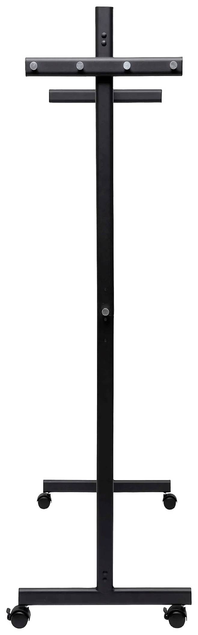 Črn, mobilen stativ z vozički, primeren za obešanje platnen ali tabel.