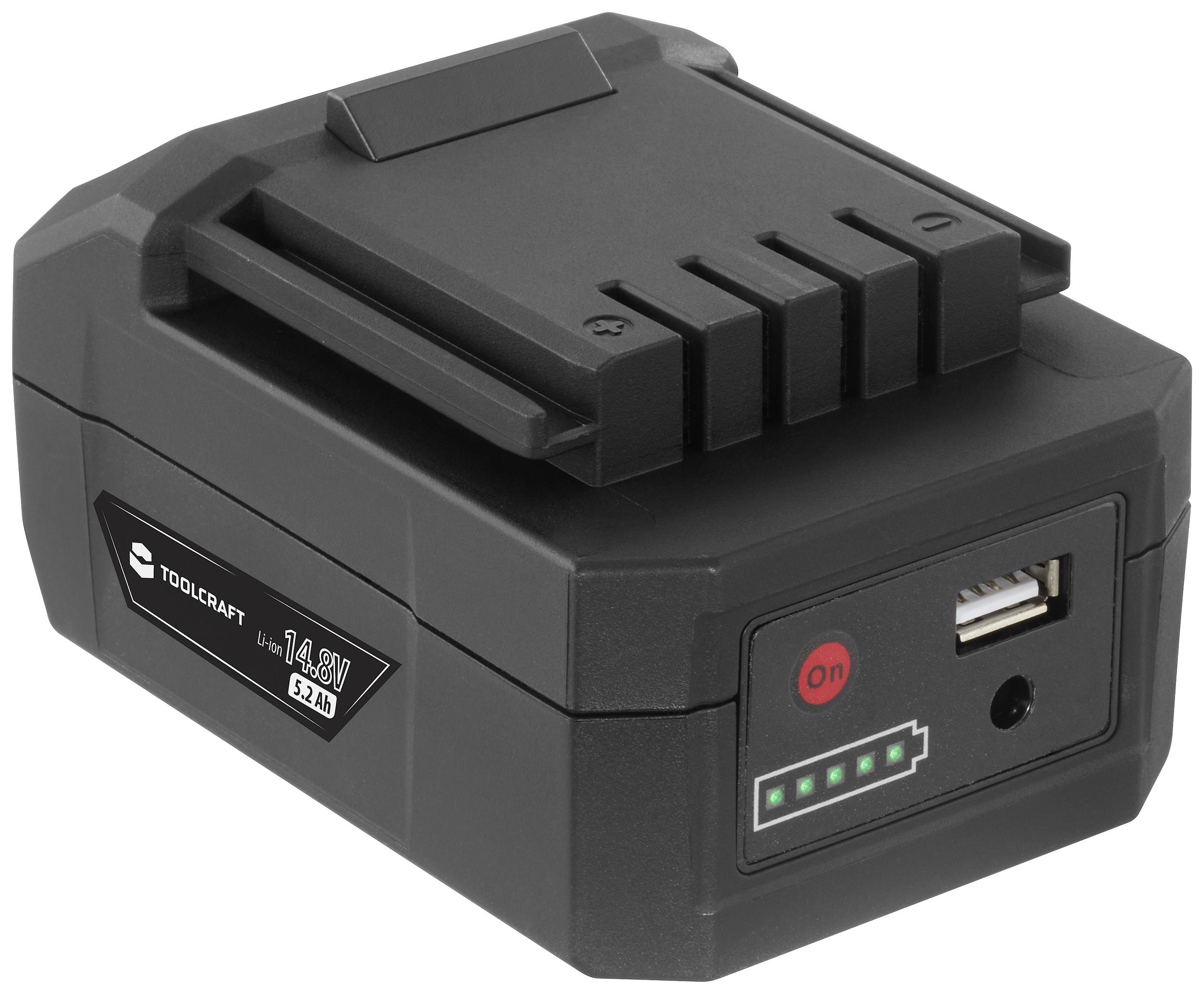 Črn polnilec baterij z vklopno/izklopno tipko, USB priključkom in štirimi LED indikatorji za prikaz stanja napolnjenosti.