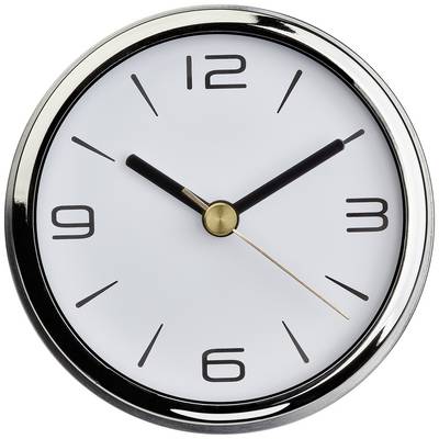 Analogna ura kaže 10:10. Ura ima belo številčnico, črne številke in kazalce ter srebrn okvir.