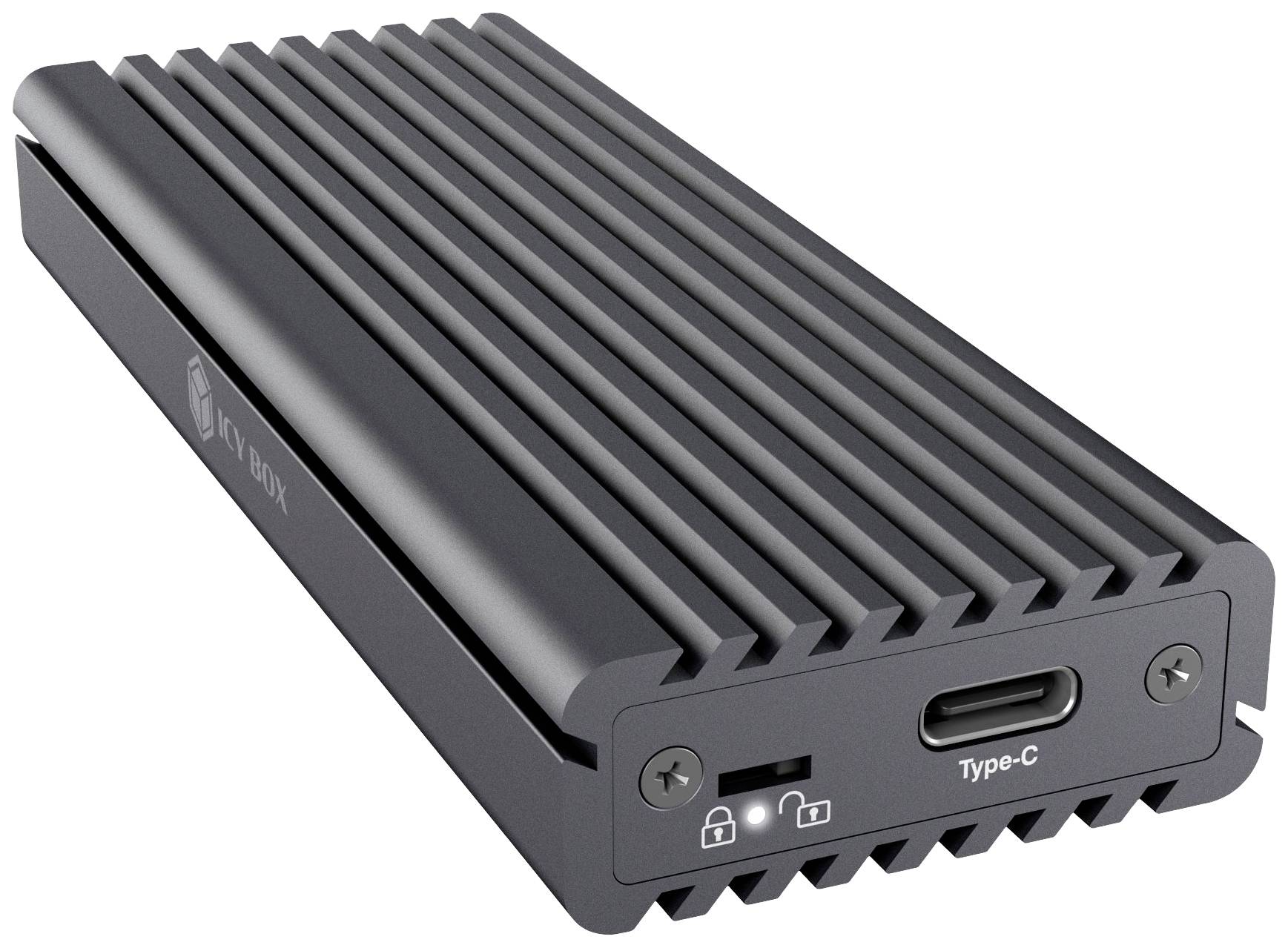 Črno, rebrasto ohišje zunanjega nosilca za trdi disk z USB-C- in USB-priključki; pogled od spredaj prikazuje logotipe in priključke.