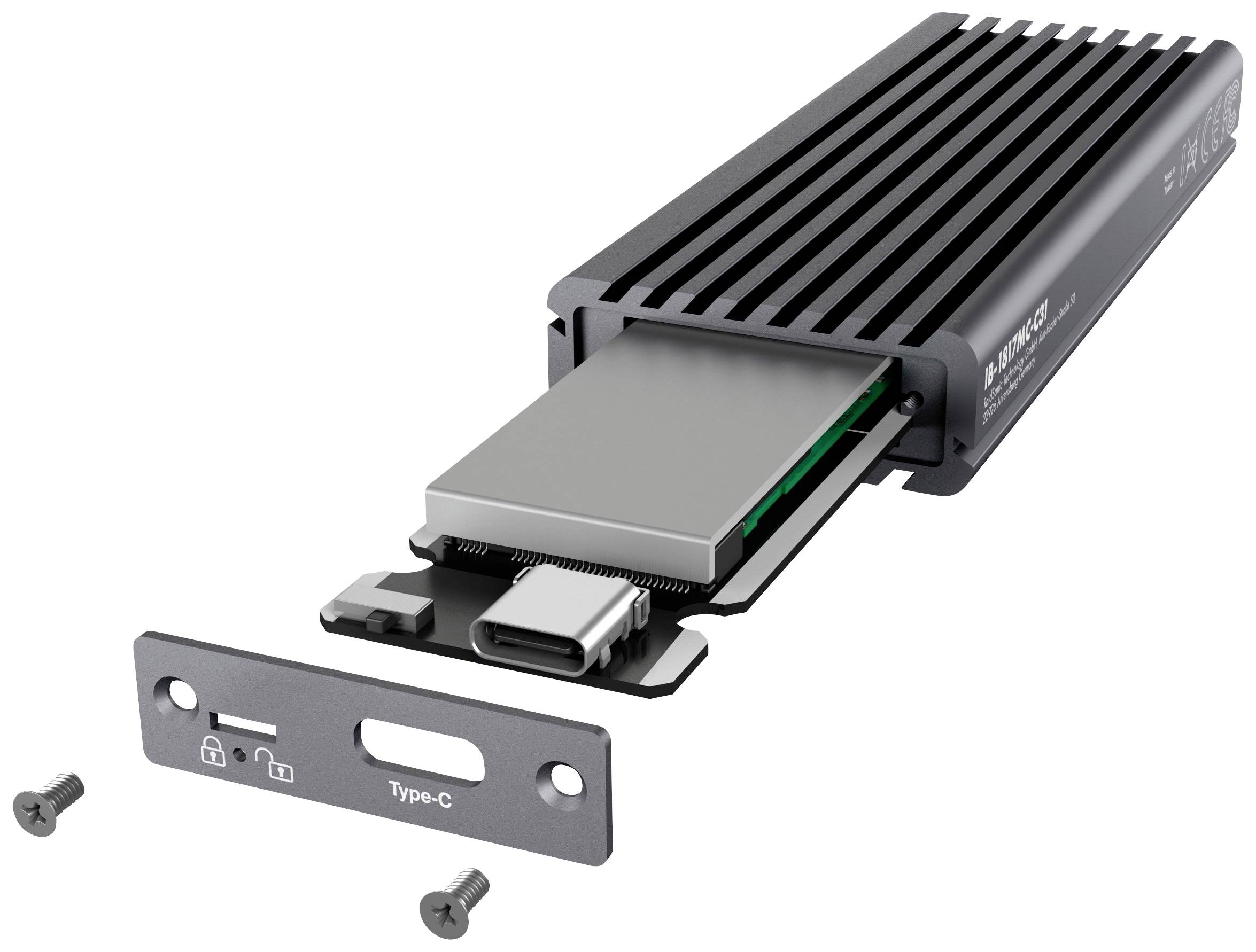 Zunanje ohišje SSD z odstranjenim pokrovom prikazuje priključek USB-C. Vsebuje dva vijaka za pritrditev.