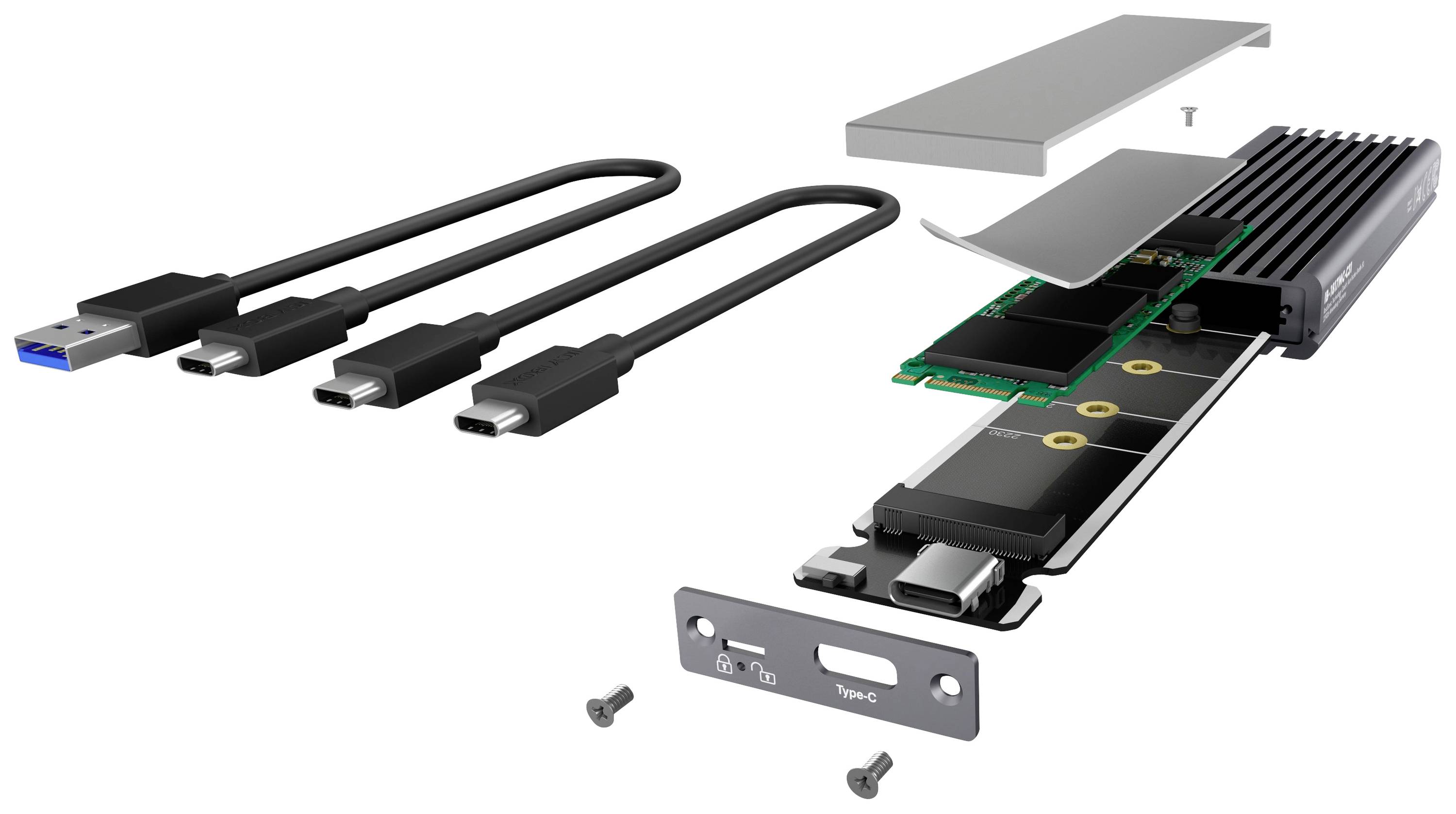 Eksplozijski prikaz USB-C ohišja SSD-ja z odstranljivim pokrovom, tremi vrstami kablov in vijaki; prikazuje notranje in zunanje komponente.