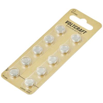 Pakiranje z 10 Voltcraft alkalnimi gumbnimi baterijami, 1,5V, model LR1130-AG10, primeren za male elektronske naprave.