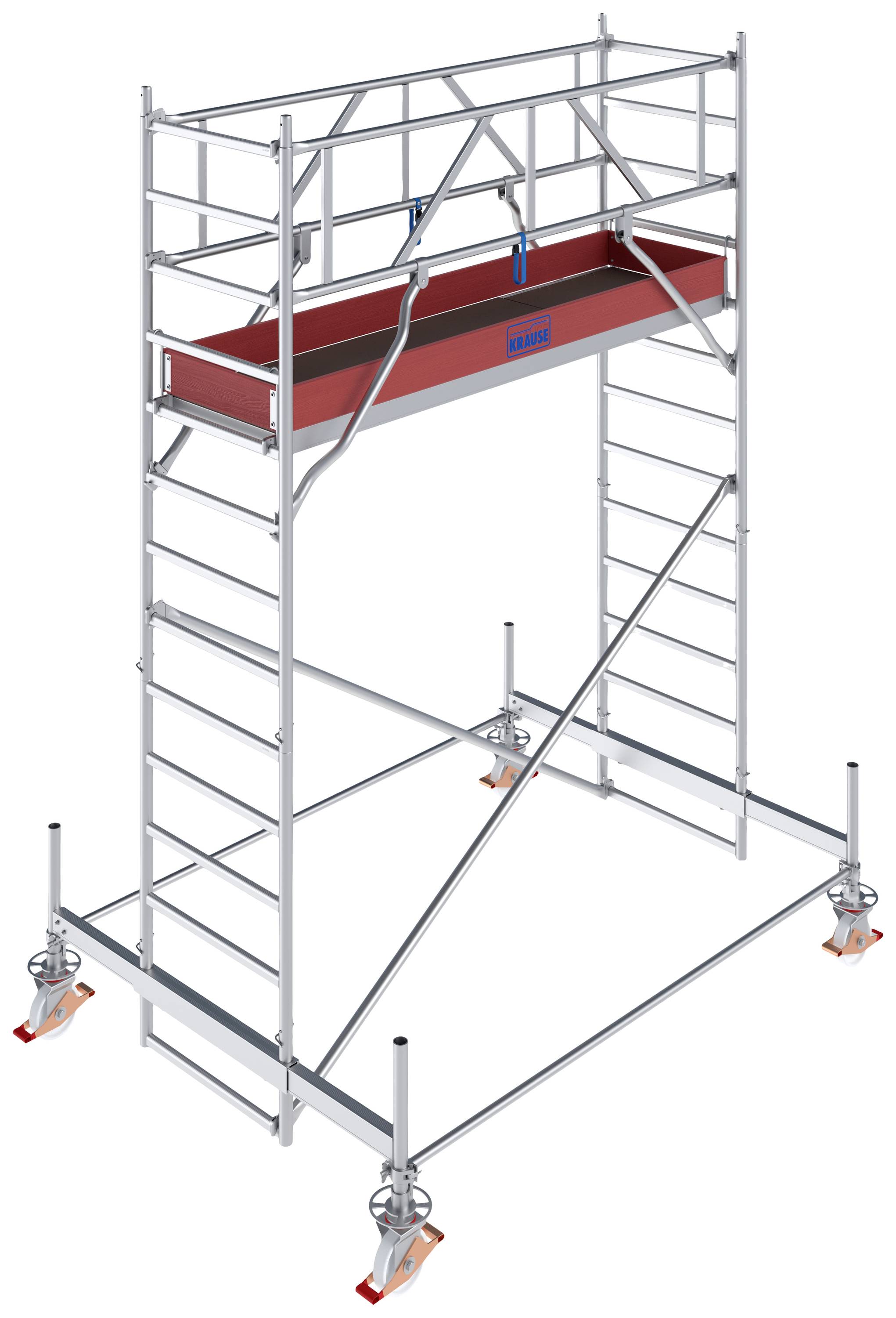 Aluminijasta gradbena odra z lestvijo, platformo v sredini in stabilizacijskimi podporami v vogalih. Primerna za gradbena dela.
