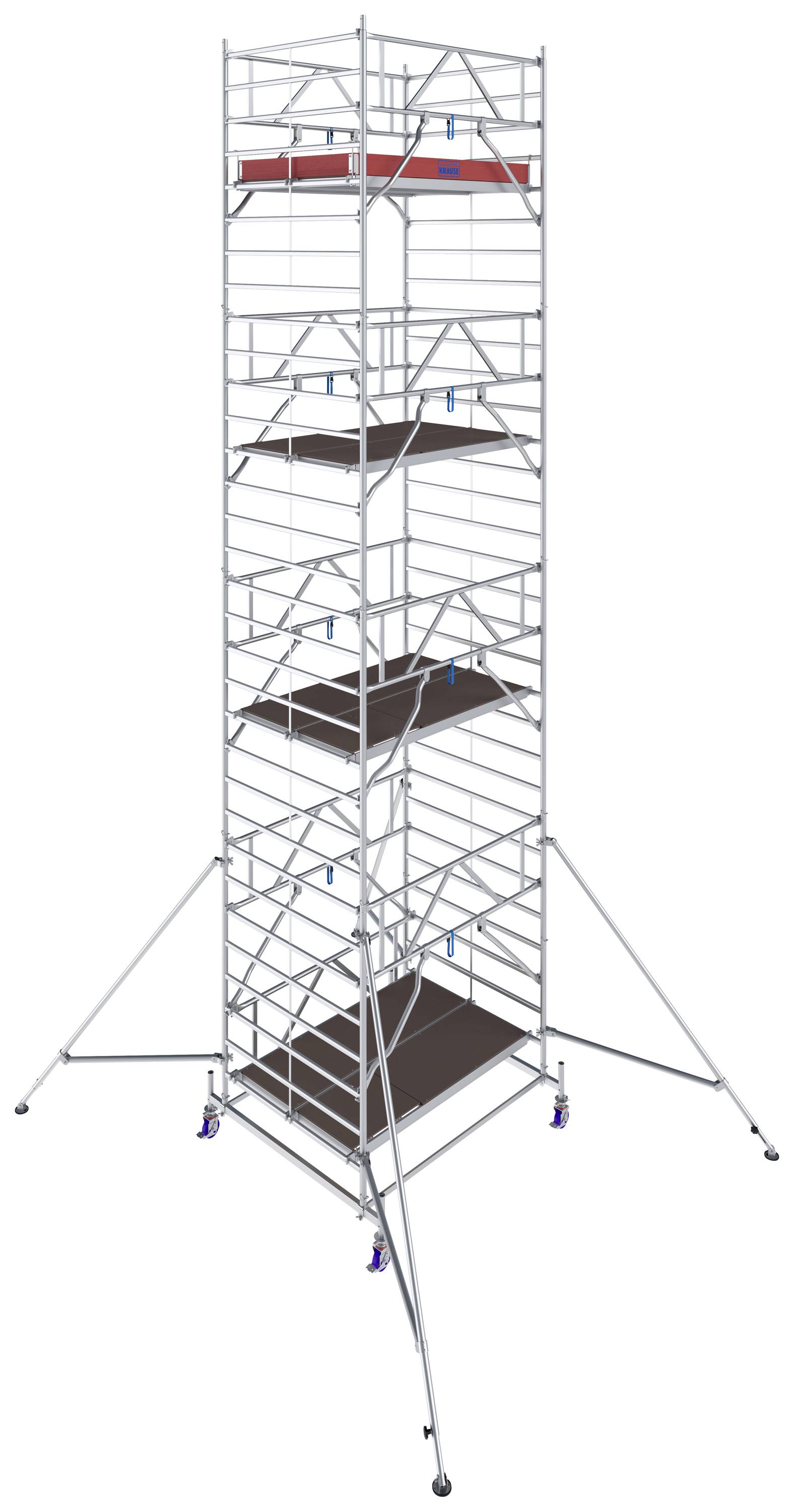 Visoko kovinsko gradbeno scaffolding z več nivoji in stranskimi podporami za stabilnost. Primerno za dela na veliki višini.