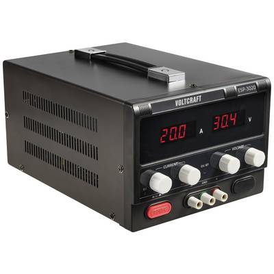 Napajalna enota z digitalno prikazovalnico kaže 20,0 voltov in 30,4 amperov. Vrtljivi gumbi za nastavitev jakosti toka, napetosti, vklop/izklop.