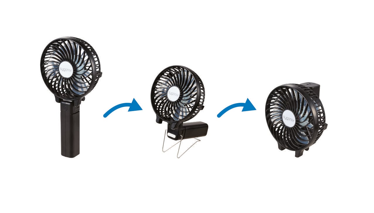 Ročni ventilator se s pomočjo modrih puščic preoblikuje v namizni ventilator in nato v avtomobilski ventilator.