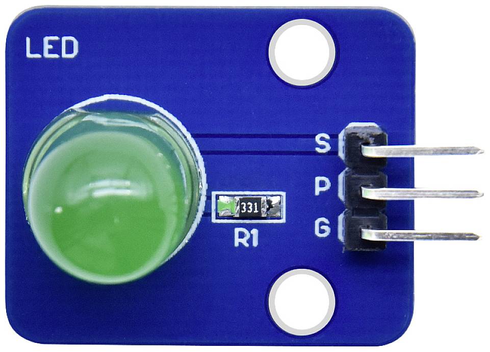 Zeleni LED modul s tremi priključnimi sponkami, označenimi kot S, P in G. Glavni sestavni del elektronskega vezja.