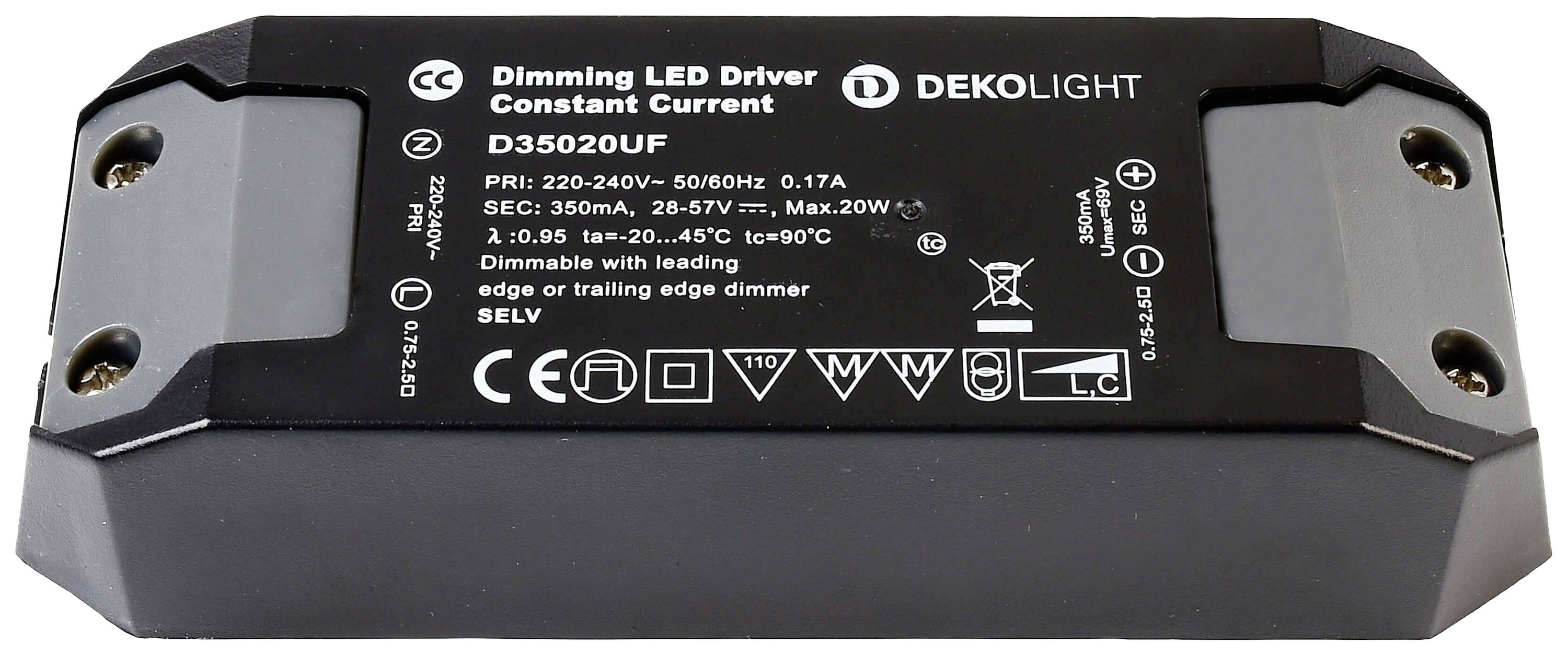 LED-gonilnik z blagovno znamko 'DEKOLIGHT', model D35020UF, vhod 220-240V~, izhod 350mA. Primeren za zatemnljive LED-luči.