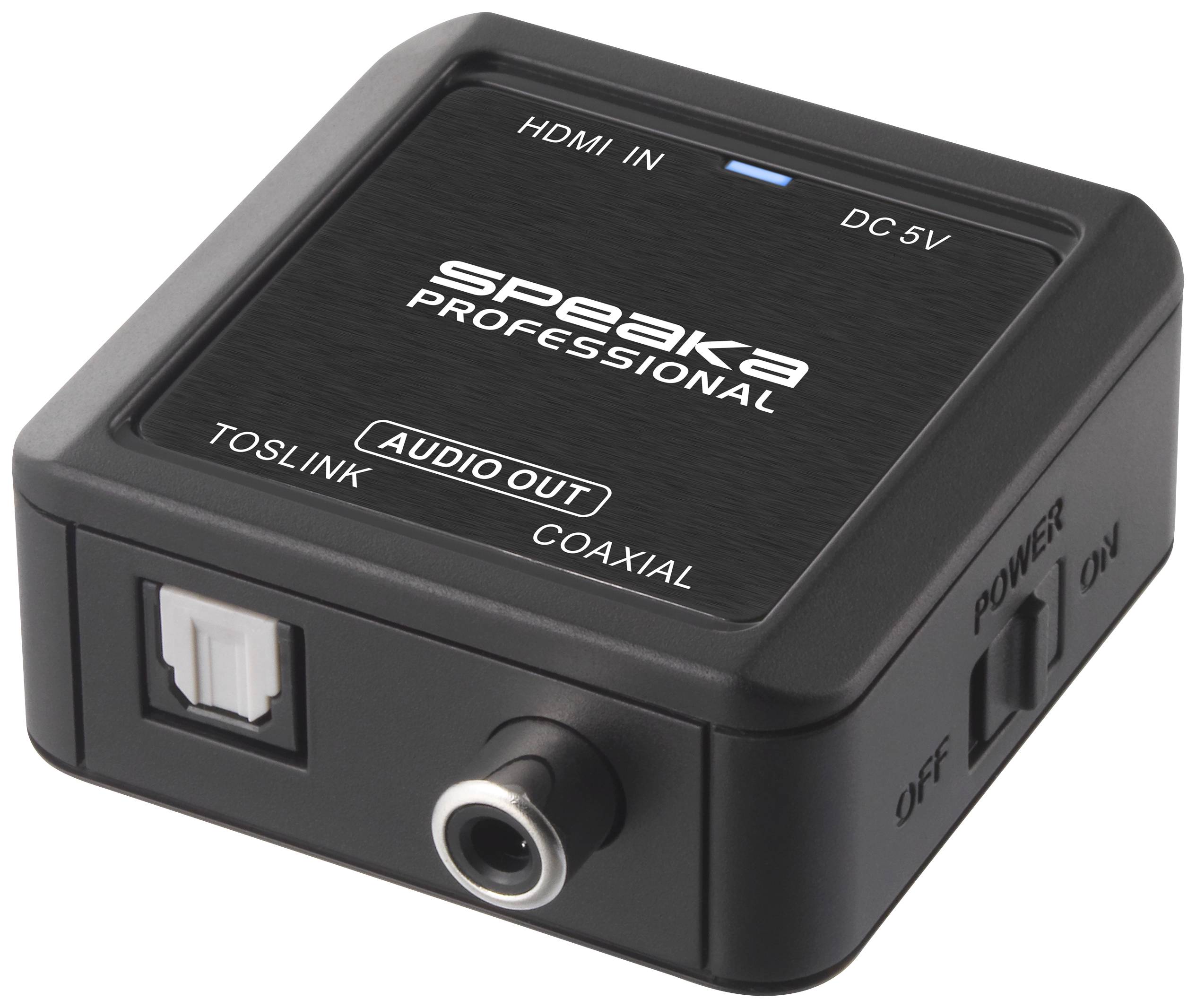 Črn, sijoč digitalno-analogni pretvornik z HDMI vhodom, TOSLINK in koaksialnimi avdio izhodi ter omrežnim stikalom.