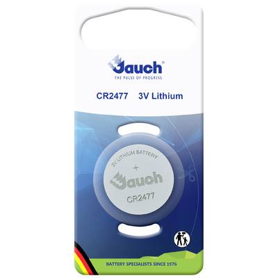 Litij gumbna baterija CR2477 podjetja Jauch, 3V. Pakiranje z logotipom 'Jauch', opomba o baterijski strokovnosti od leta 1976.
