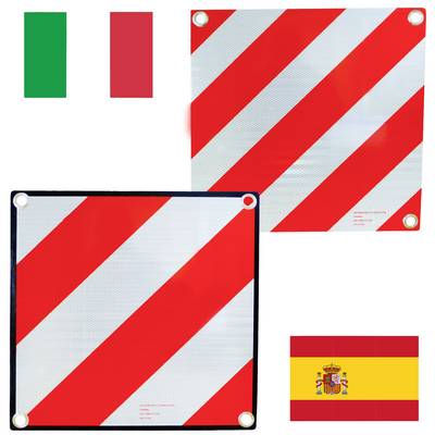 Dve opozorilni tabli z rdečimi in belimi diagonalnimi progami, levo za Italijo, desno za Španijo. Zastavi posameznih držav zgoraj/spodaj.