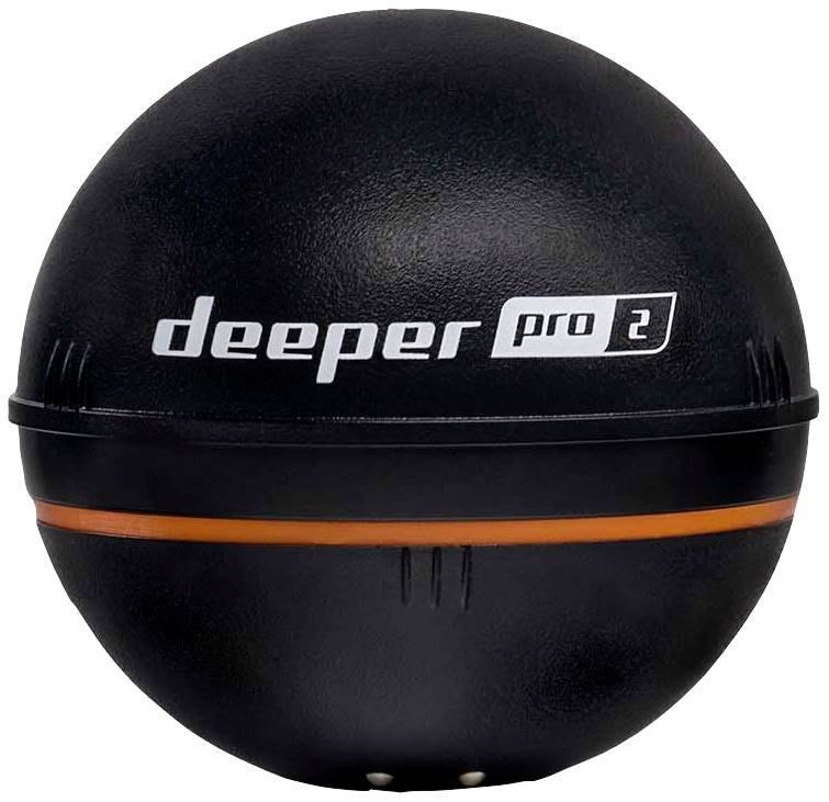 Črna, kroglasta naprava z napisom 'deeper pro 2'.