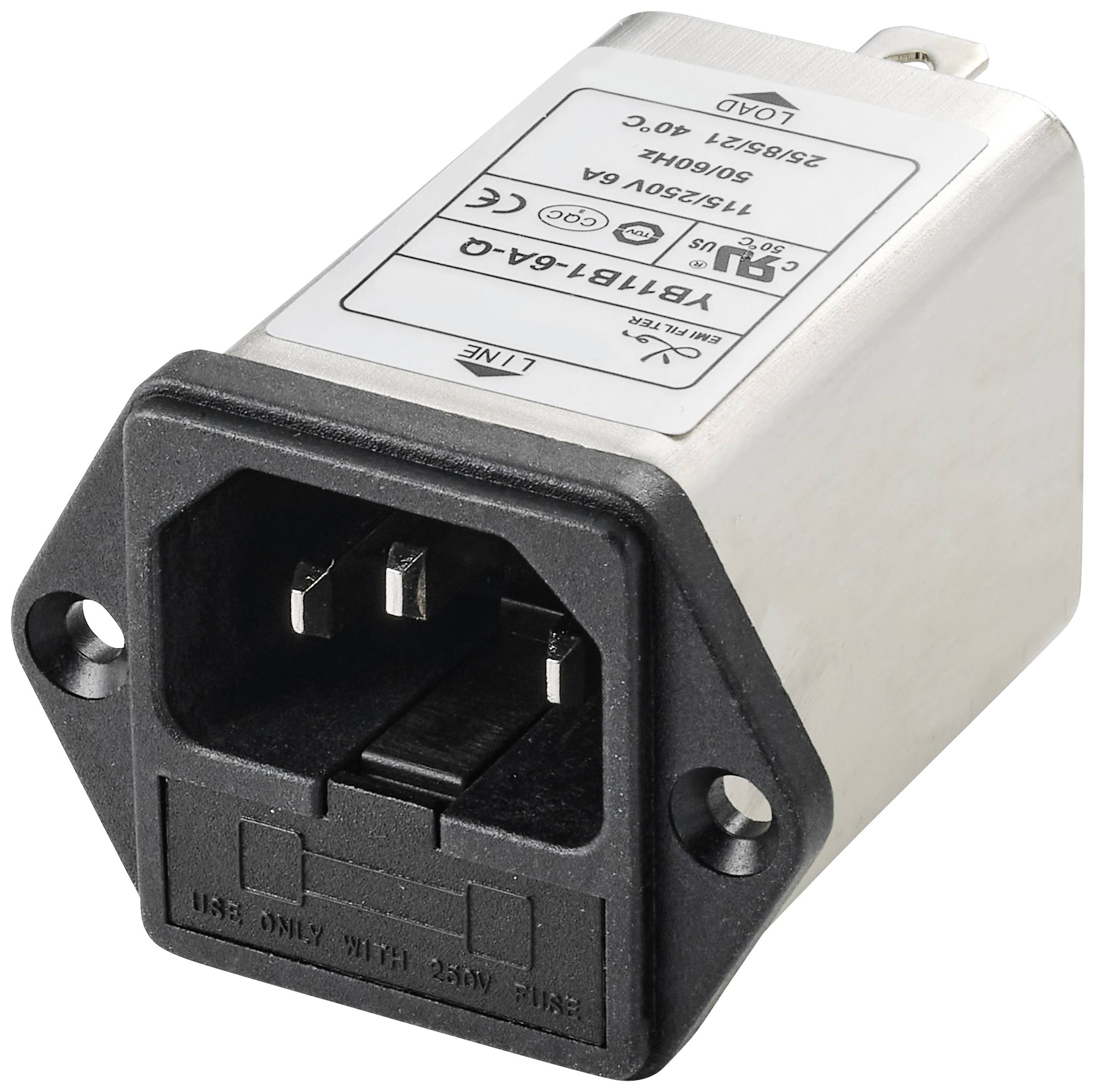 Mrežni filter z IEC 60320 C14 priključkom, iz črnega plastičnega materiala in srebrnega ohišja, primeren za vgradnjo v elektronske naprave.