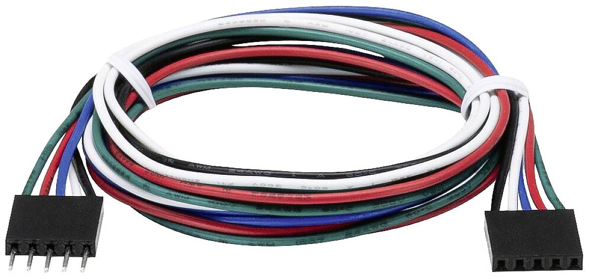 Kabel z več barvnimi žicami, povezan z dvema črnima vtičema na koncih. Primeren za elektronske aplikacije.