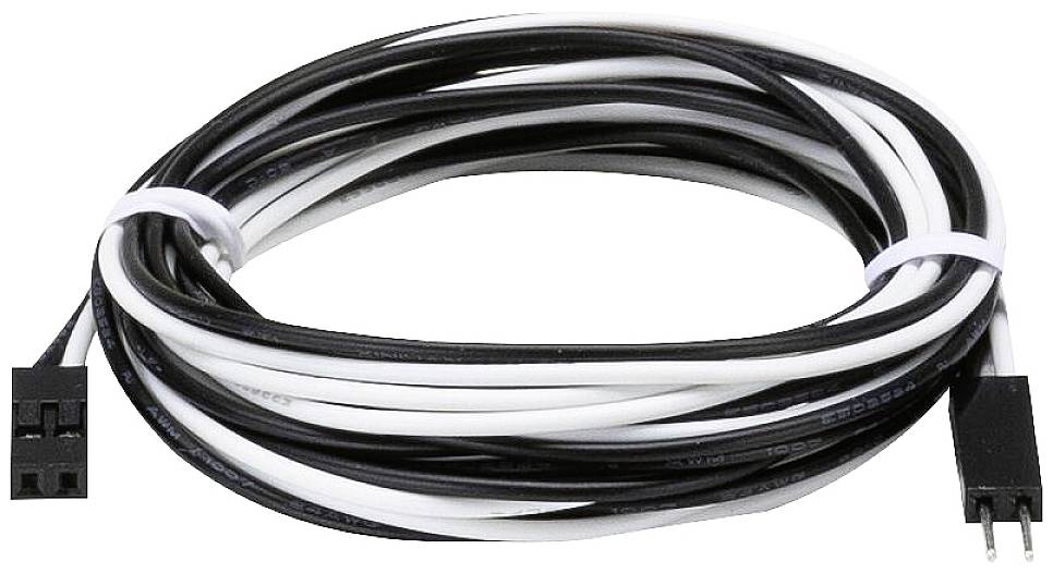 Črno-bel kabel z dvema vtičema na konceh, zvit in pritrjen s kabelsko vezico.