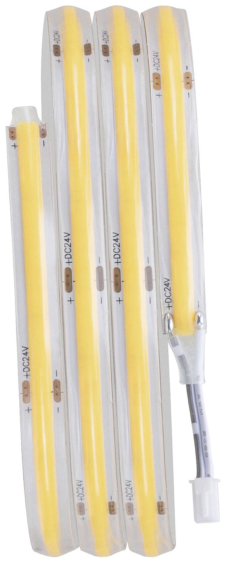 Set štirih fleksibilnih LED-trakov v prosojnem ohišju, ki svetijo v toplo beli barvi. Primerno za dekorativno razsvetljavo.