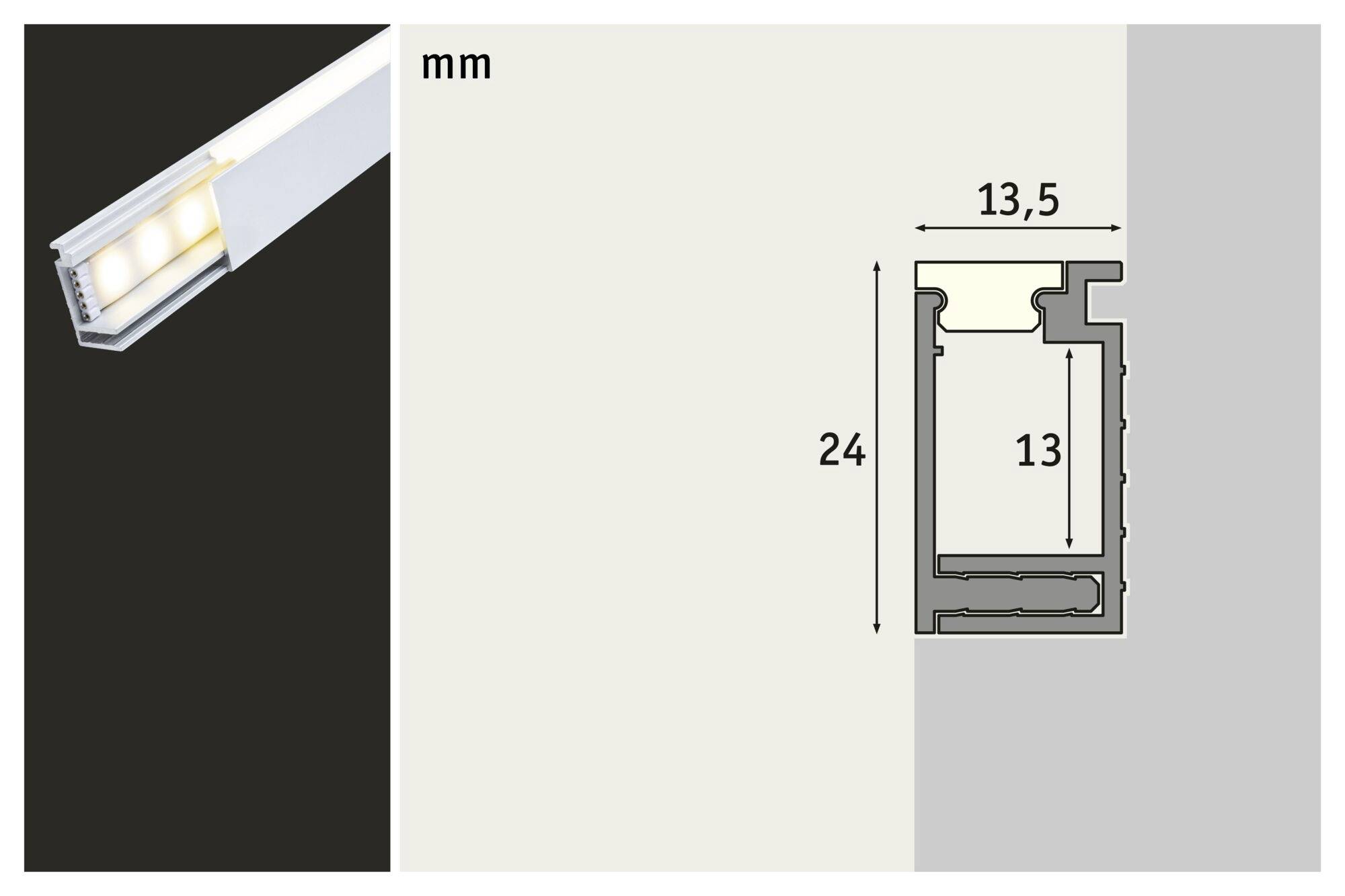 LED-aluminijasti profil prikazuje stranski pogled z merami: 24 mm višine, 13,5 mm širine, 13 mm globine. Desno: prečni prerez.