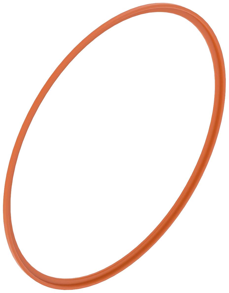 Oranžna pnevmatika, verjetno iz plastike, na beli podlagi.