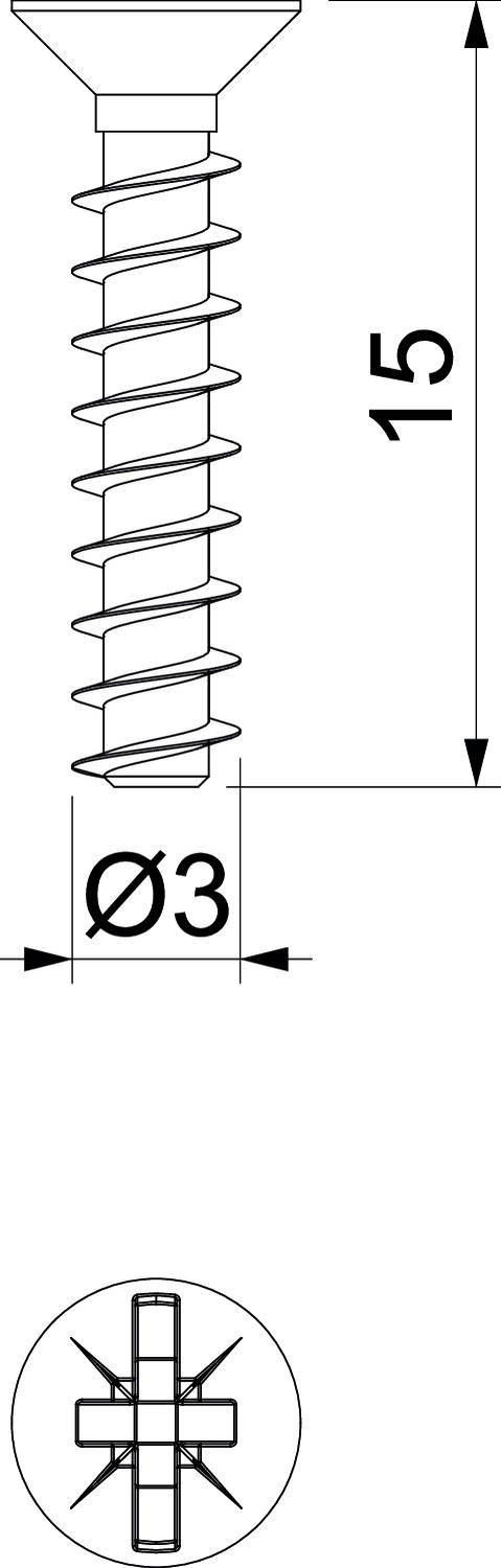 Vijačni načrt z navojem, skupna dolžina 15 mm, premer 3 mm. Pogled za ponazoritev nezdružljivosti s križnim robom.
