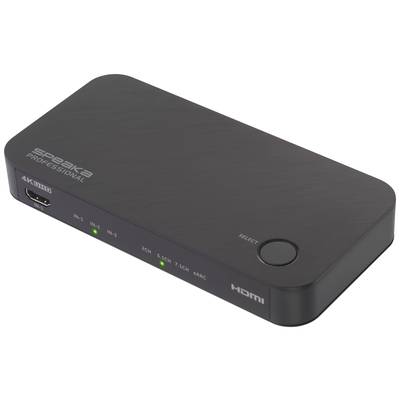 Črn HDMI stikalni element znamke z več vhodi in velikim gumbom na desni strani za izbiro. LED indikatorji prikazujejo aktivni vhod.