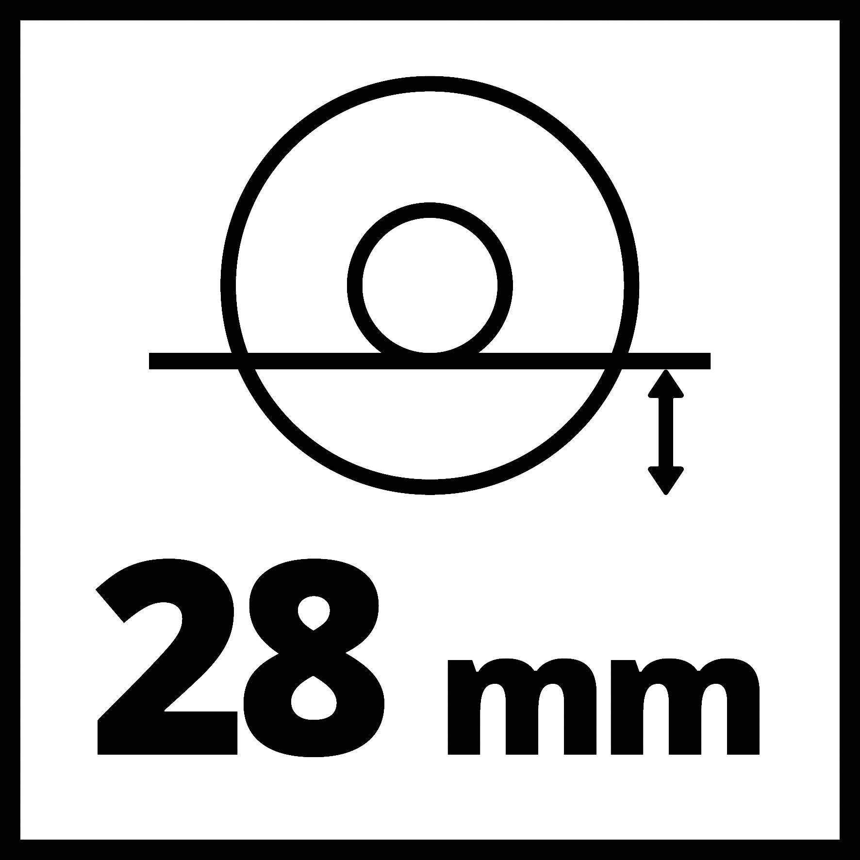 Piktogram '28 mm' prikazuje veliko kolo nad črto z majhno puščico navzgor, ki simbolizira velikost kolesa 28 mm.