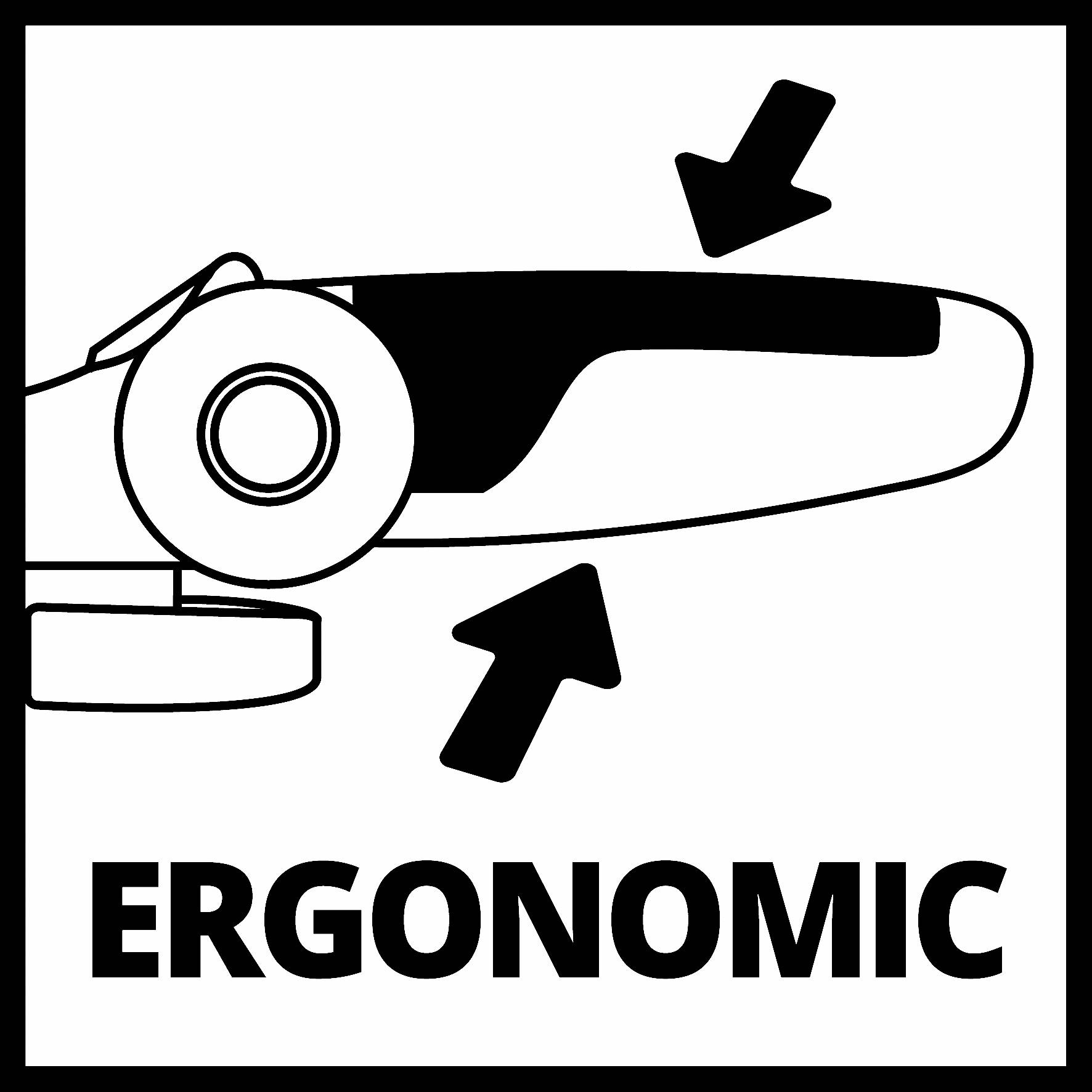 'Ergonomsko' prikazuje stiliziran naslon za roke s puščicami, ki nakazujejo ergonomsko obliko.