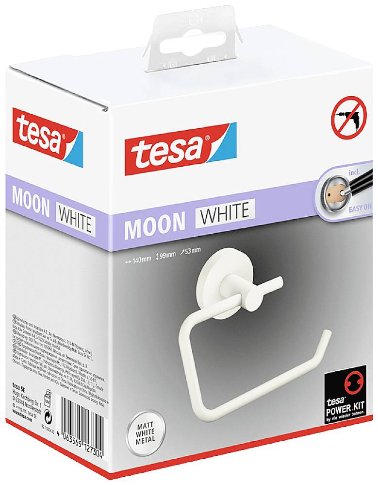 Embalaža držala za toaletni papir tesa 'Moon White', mat belo kovino, preprosta montaža brez vrtanja.