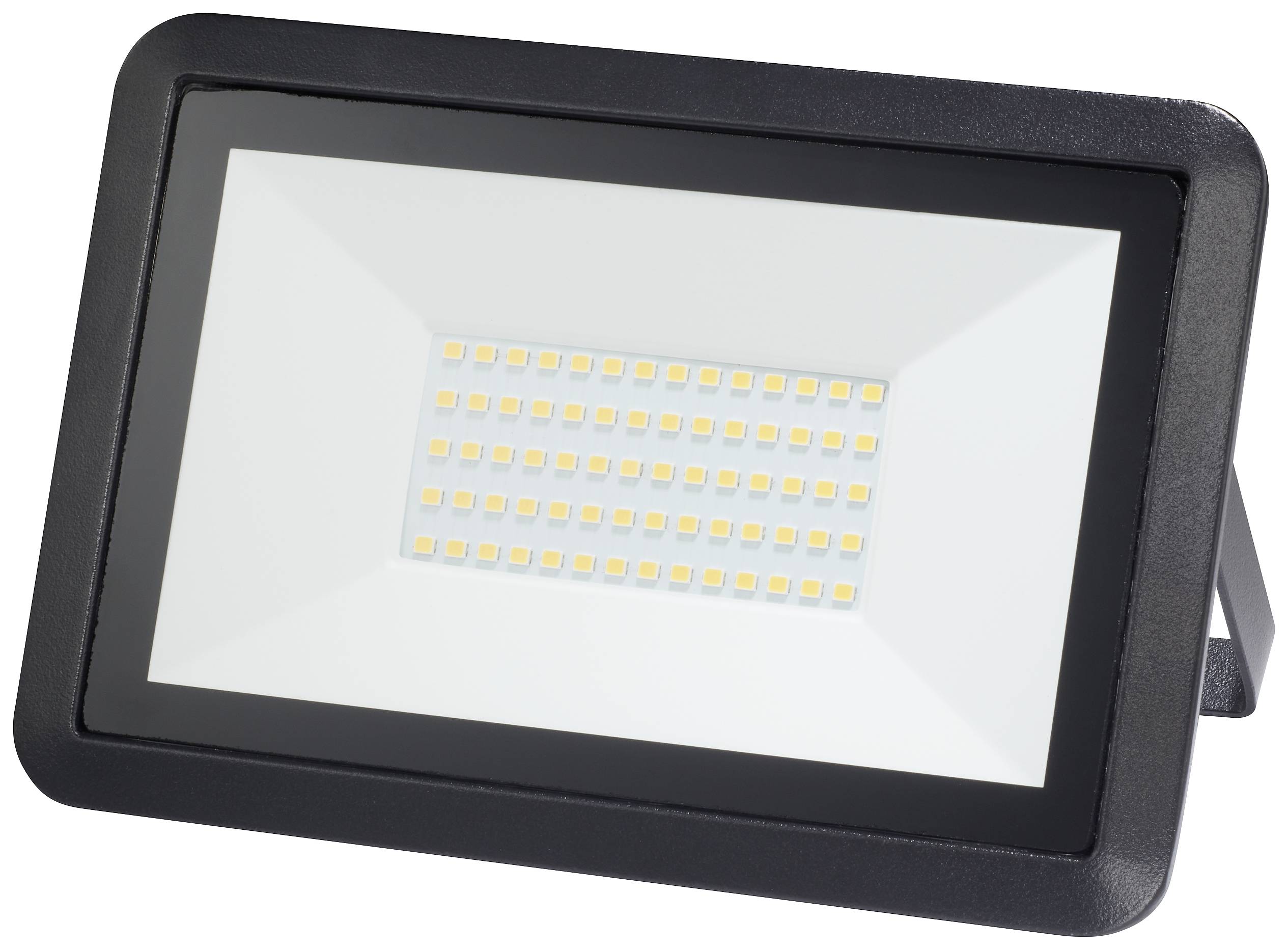Pravokoten LED-reflektor s črnim okvirjem, ploščat in usmerjen naprej, prikazuje številne majhne svetleče točke na beli podlagi.