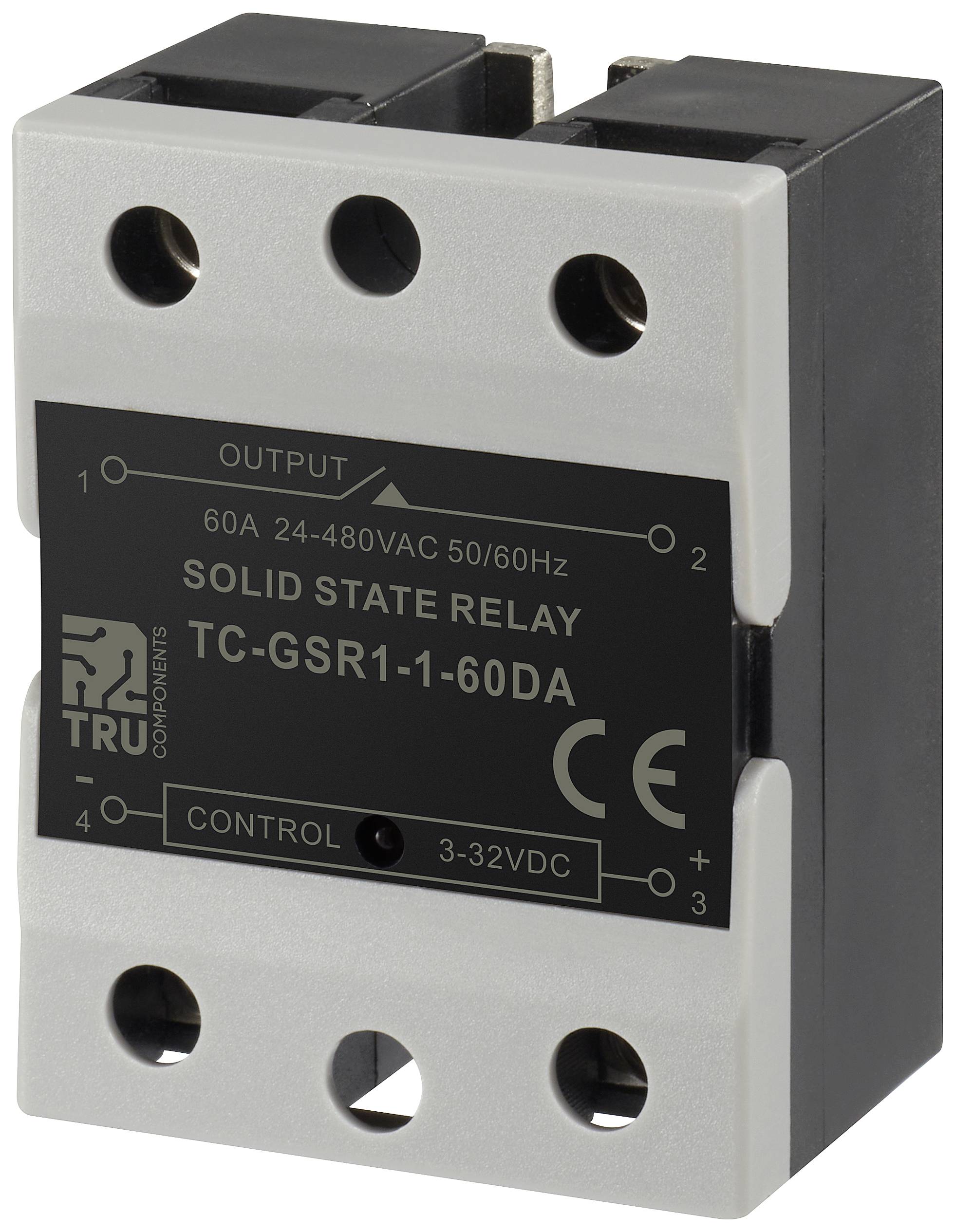 Solid-state rele TRU Components, model TC-GSR1-1-60DA, z izhodno močjo 60A pri 24-480VAC, krmiljen z 3-32VDC.