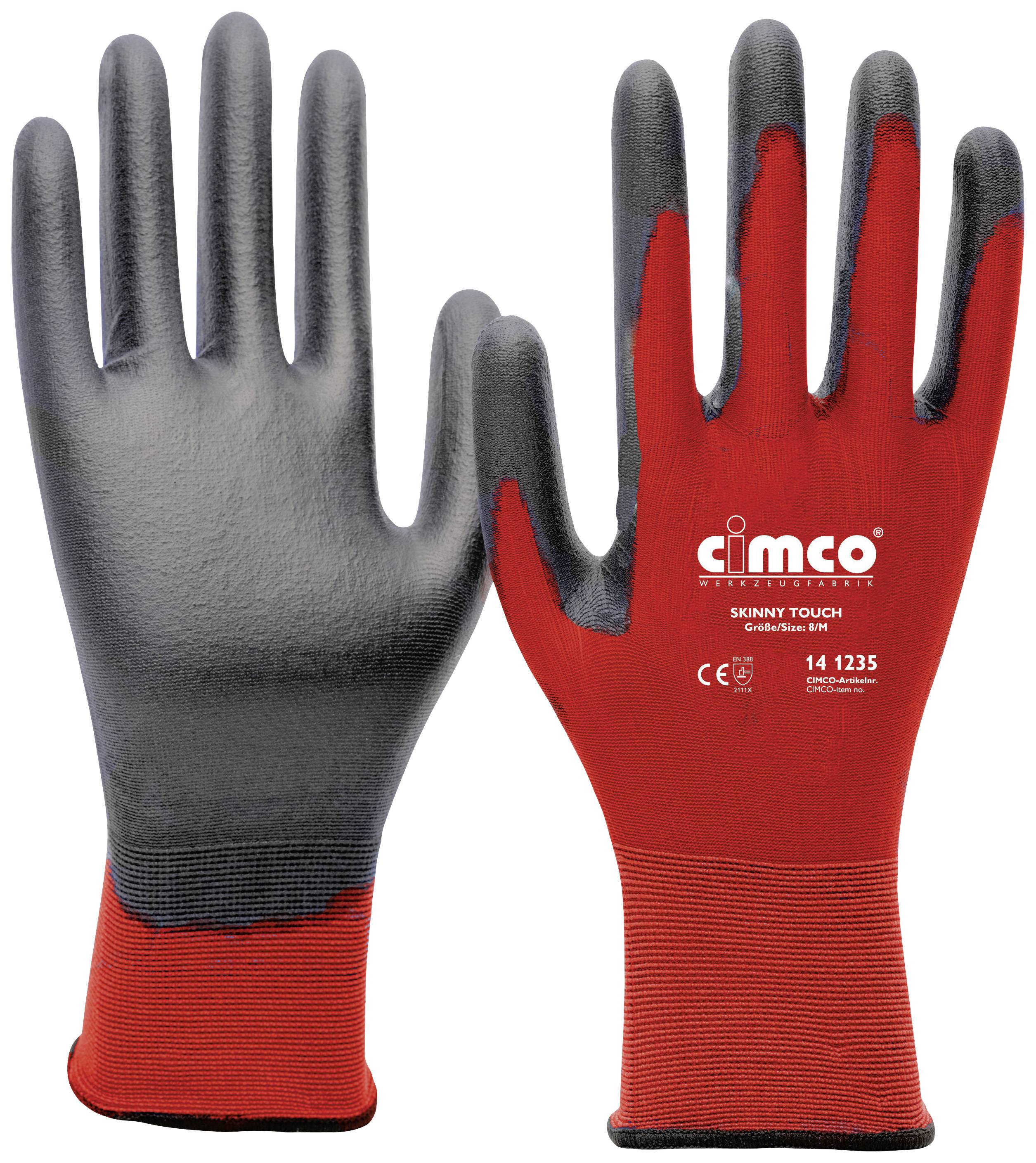 Dva delovni rokavici z rdečo in črno prevleko, prikazujeta logotip in napis 'cimco SKINNY TOUCH'.