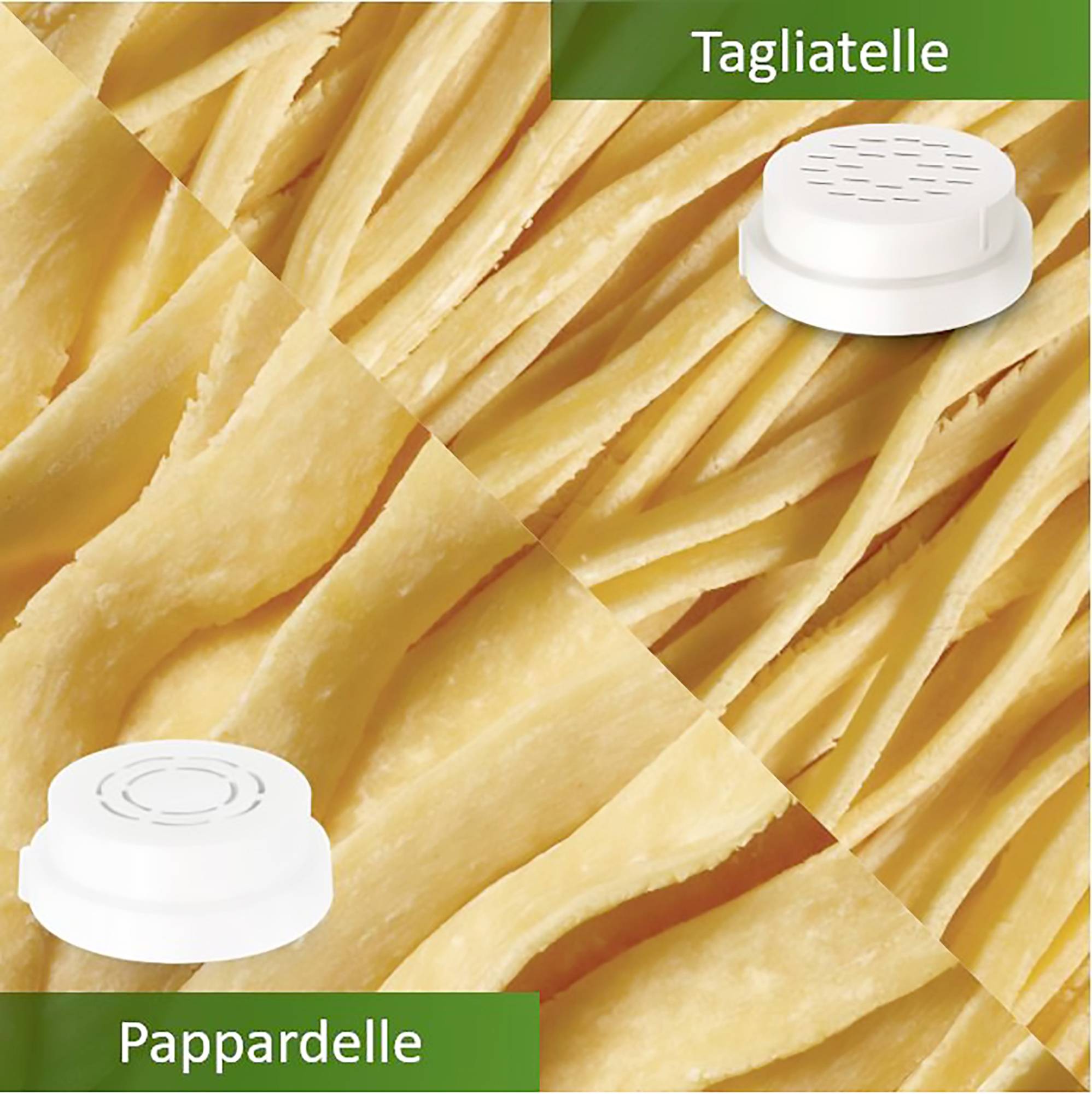 Dve vrsti testenin: zgoraj tagliatelle, spodaj pappardelle, vsaka s pripadajočimi oblikami za pripravo.
