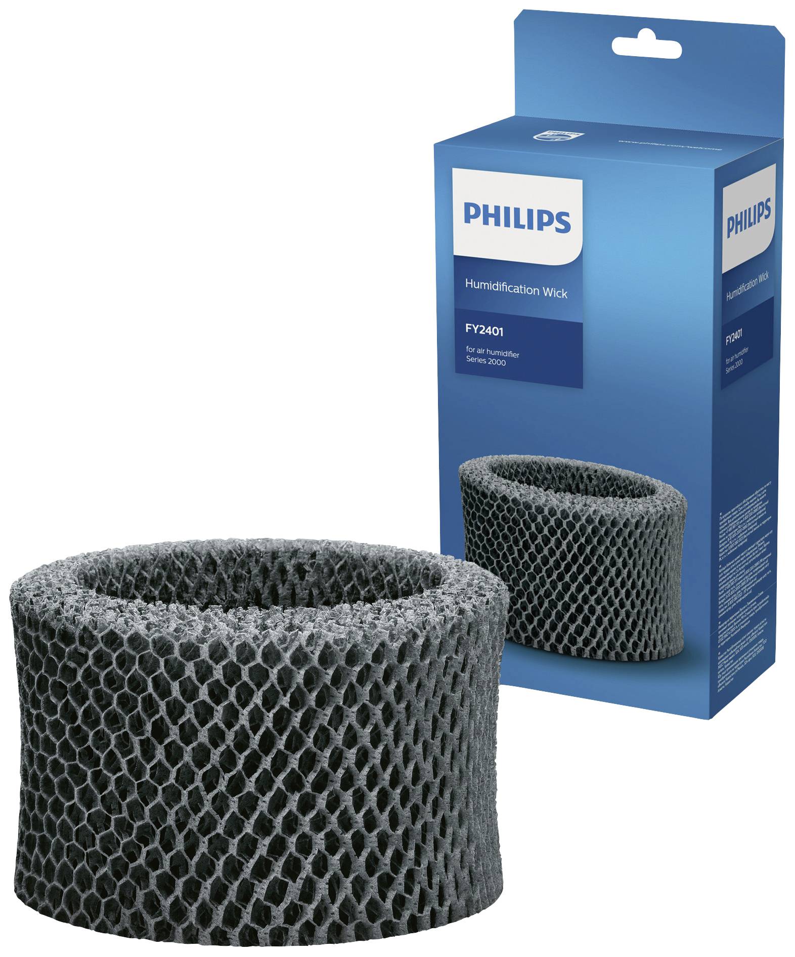 Philipsov filter za vlažilec zraka FY2401 pred embalažo. Embalaža prikazuje podrobnosti o izdelku in blagovno znamko.