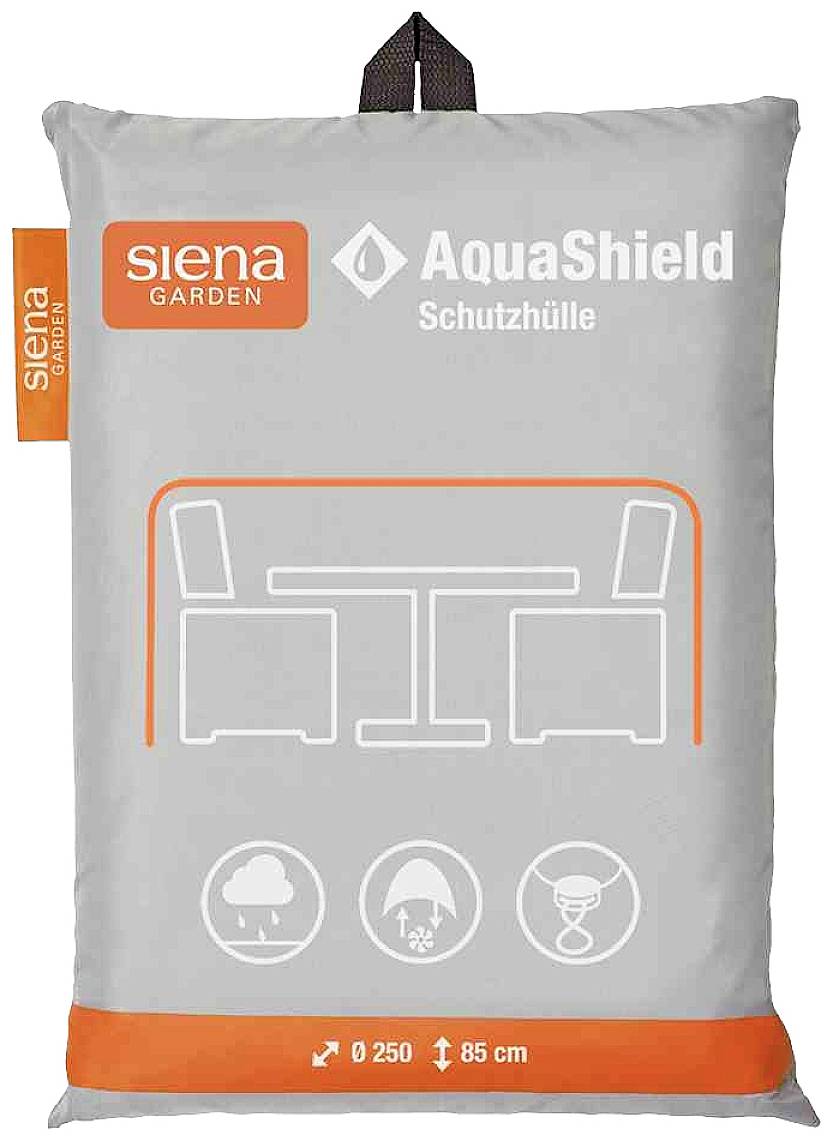 Siena Garden AquaShield zaščitna prevleka, prikazana na sivi embalaži z simboli za odpornost proti vremenskim vplivom in komplet vrtne garniture.