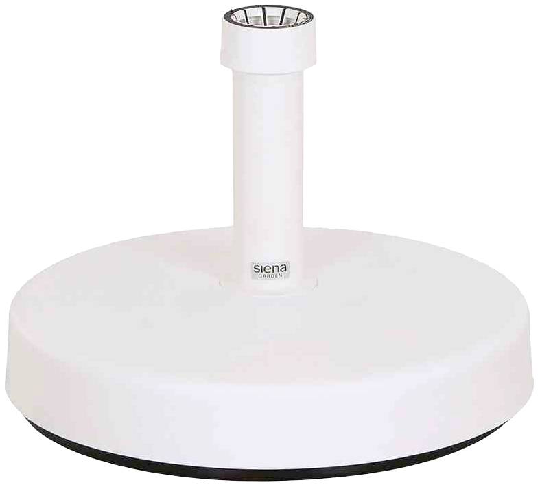 Bel plastični podstavek za senčnik, okrogel, s kovinsko cevjo v sredini za pritrditev senčnika.