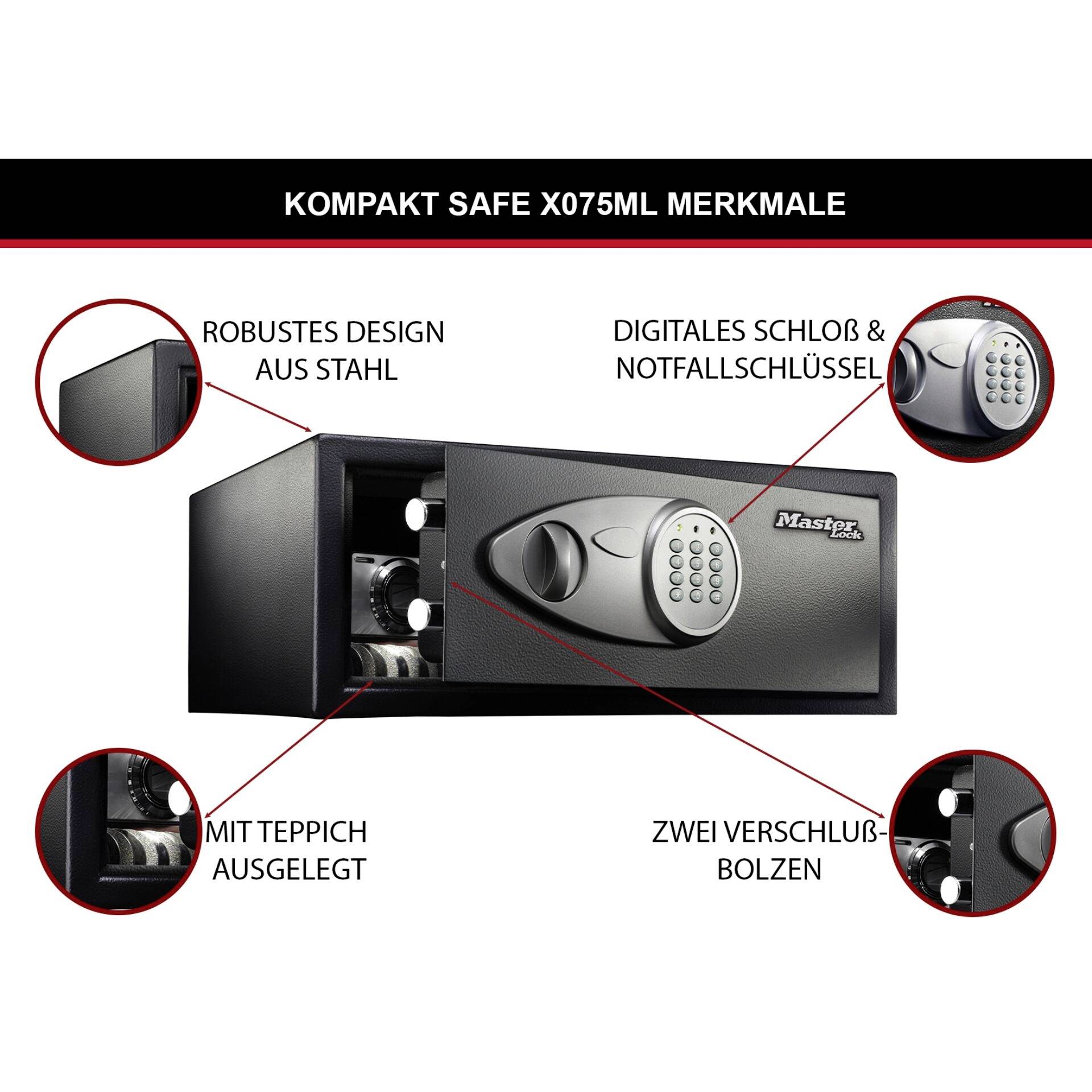 'Kompakt Safe X075ML Lastnosti': Jeklena konstrukcija z digitalnim ključavnico in zasilnim ključem, dva zaklenitvena zatiča, notranjost obložena s preprogo.