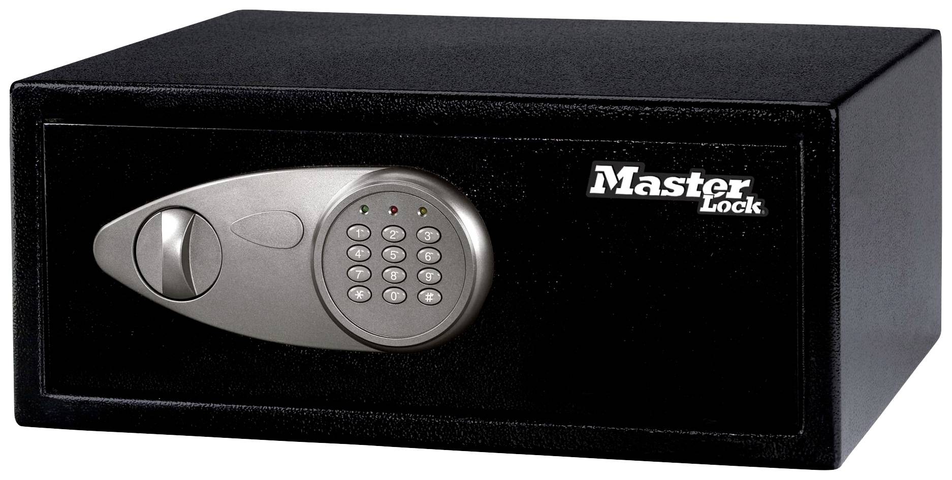 Črn sef s srebrnim elektronskim številčnim ključavnico in vrtljivim gumbom. Zgoraj desno je vidno logotip 'Master Lock'.