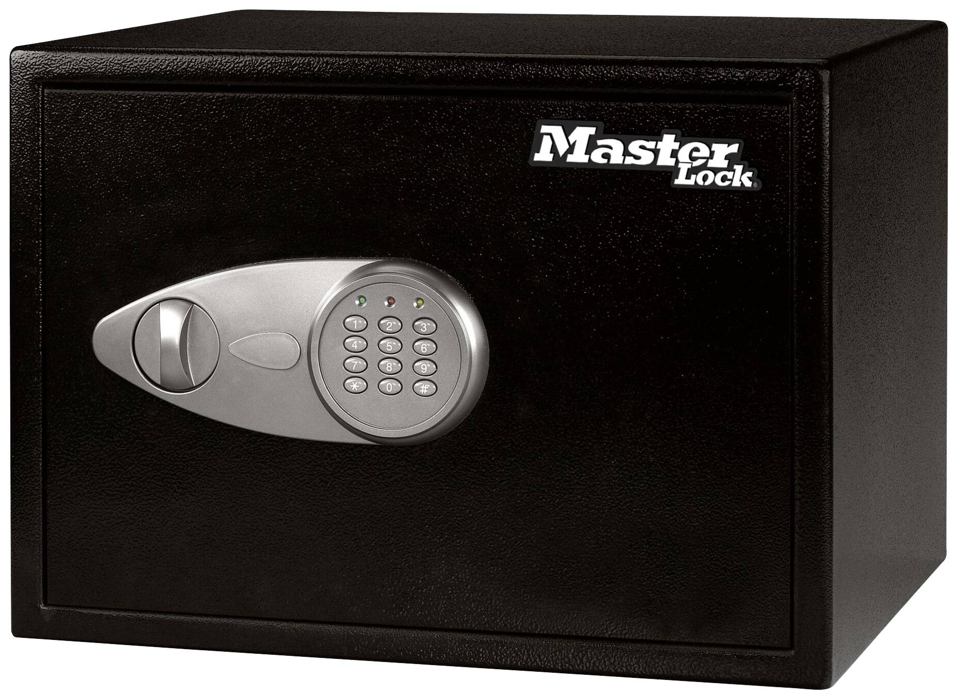 Črn trezor z numerično ključavnico in napisom 'Master Lock' zgoraj desno.