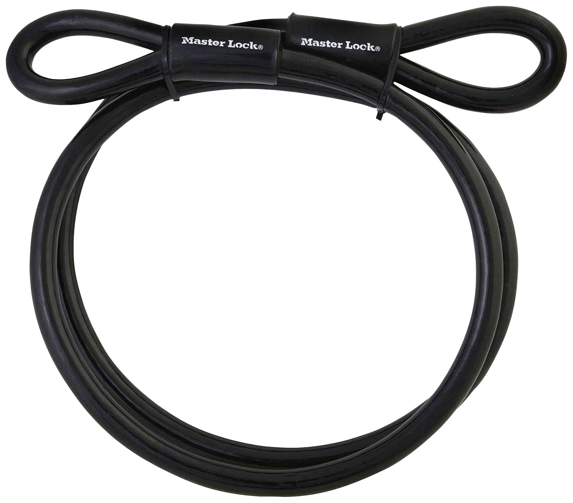 Črn varnostni ključavničarski kabel z dvema zankaMA na konceh. Oznaka 'Master Lock' na zankah.