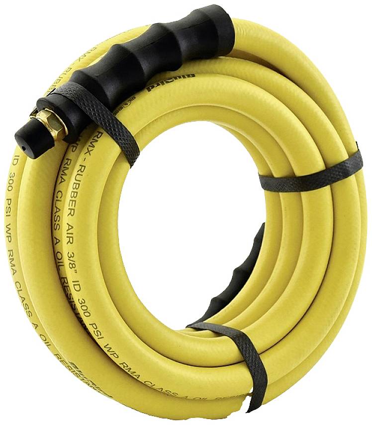Rumena gumijasta cev za zrak z črnim ročajem in priključkom, primerna za 300 PSI.