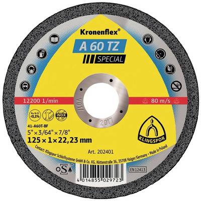 Brusilni disk 'Kronenflex A 60 TZ Special', premer 125 mm, maks. 12200 obratov/min, znamka Klingspor, primeren za obdelavo kovin in nerjavečega jekla.