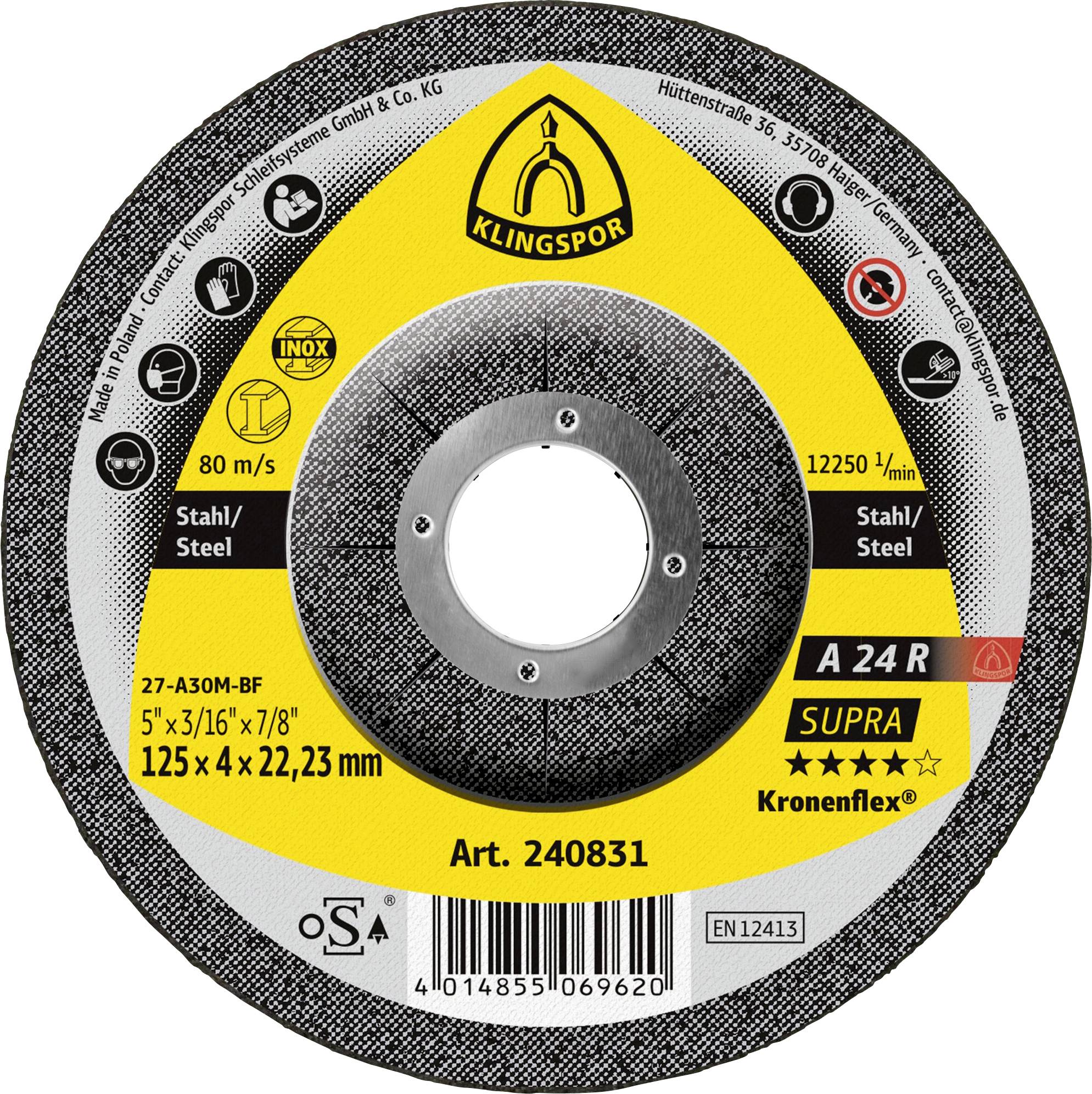 Klingspor rezna ploščica iz abraziva za jeklo, označena A 24 R Supra, 125 x 4 x 22,23 mm, 12250/min, za kotne brusilnike.