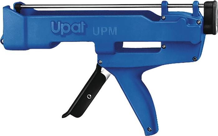 Orodje z modrim plastičnim ohišjem in črnim ročajem, označeno z 'Upat UPM', služi pritrjevanju materialov.