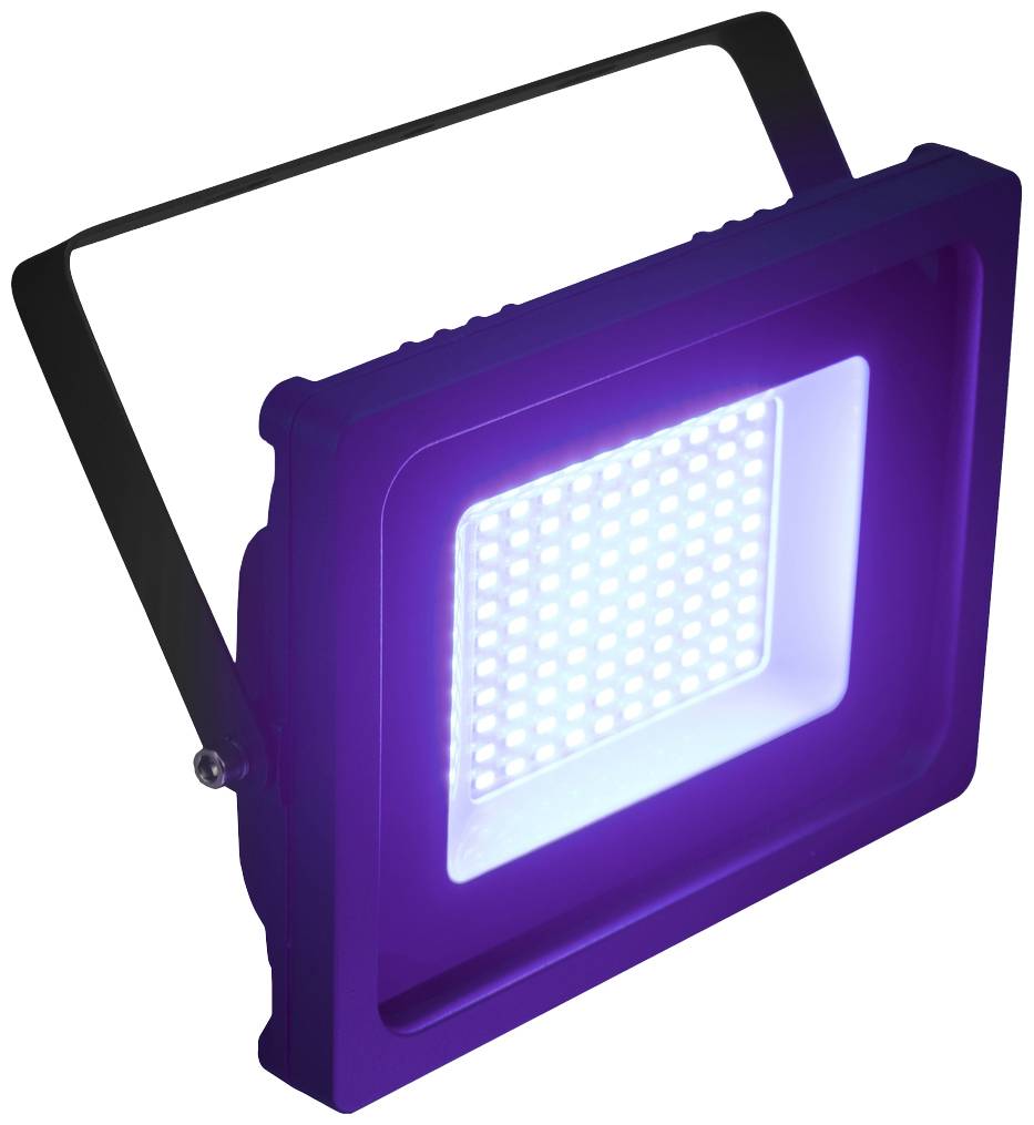 Kvadratni LED reflektor z modro svetilko, pritrjen na črni nosilec, pred belim ozadjem.